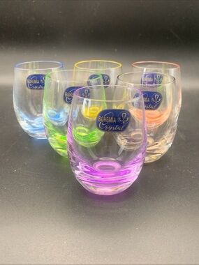 New Bohemian Crystal Rainbow Multicolored Shot Cordial Glass Lot of 6 W/Box